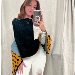 Sunshine & Rodeos Cozy Color Block Poncho Sweater Leopard Animal Print One Size